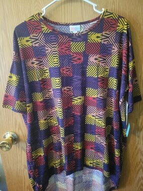 LuLaRoe Irma Bold Geometric Print Tunic - Purple, Yellow, Red